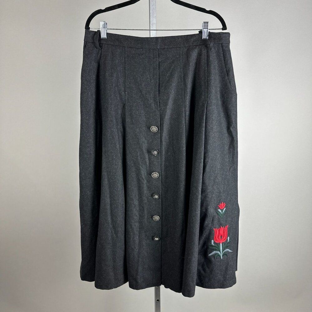 Vtg 80s Perry Landhaus Wool Gray Button Embroidered Floral Rose A-Line Skirt 46